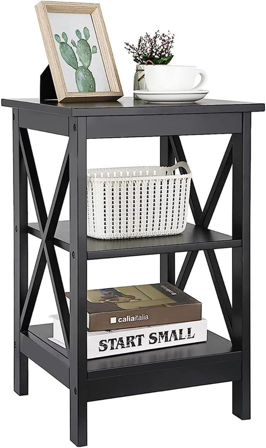 3-Tier End Table with Storage Shelves Versatile X-Design Wood Sofa Side Table for Living Room Bedroom Apartment Small Spaces, Black