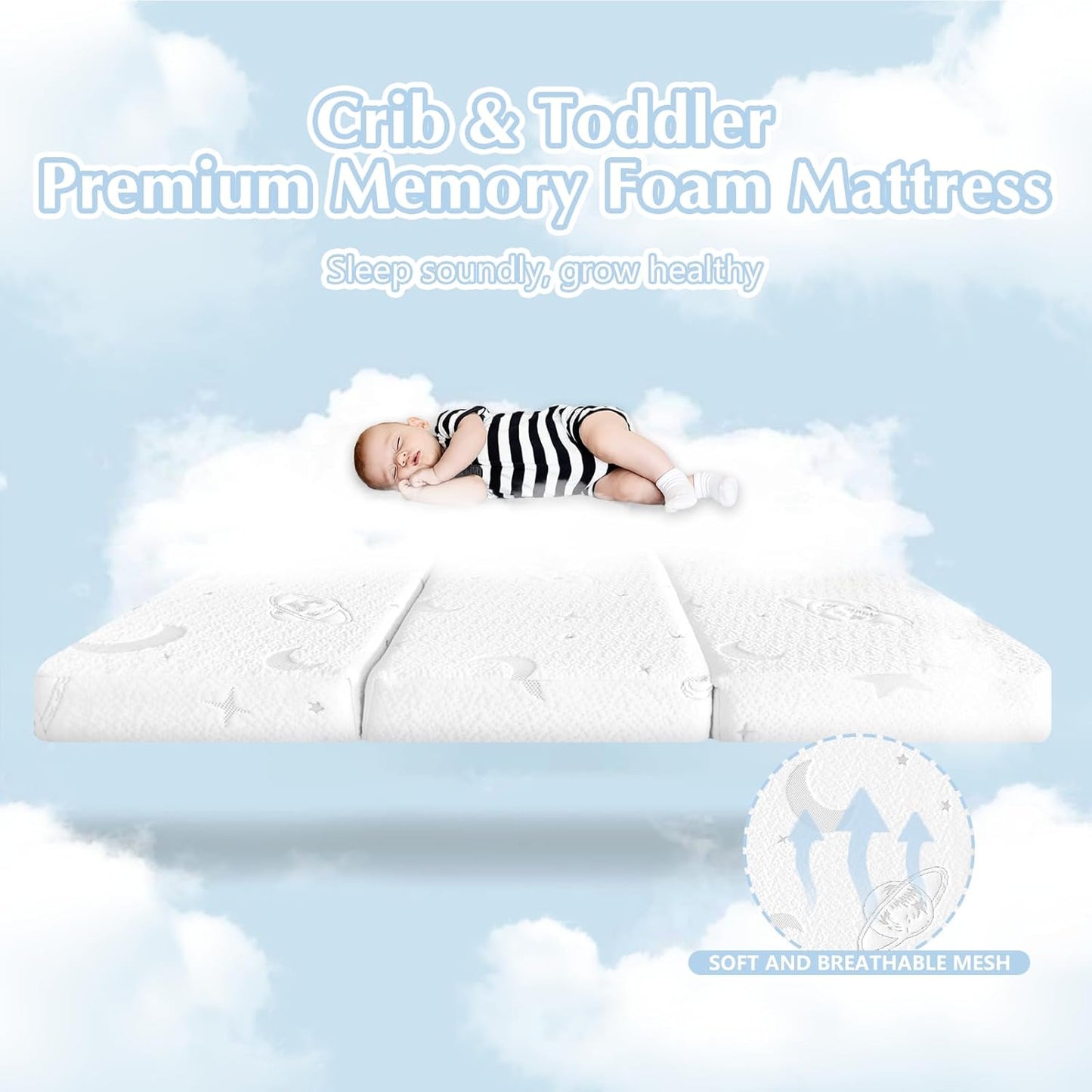 Tri-Fold Pack and Play Mattress, 38X26 Memory Foam & High Density Foam Baby Mattress for Pack N Play, Foldable Travel Pack N Play Mattresses Pad for Baby and Toddlers, Breathable & Washable