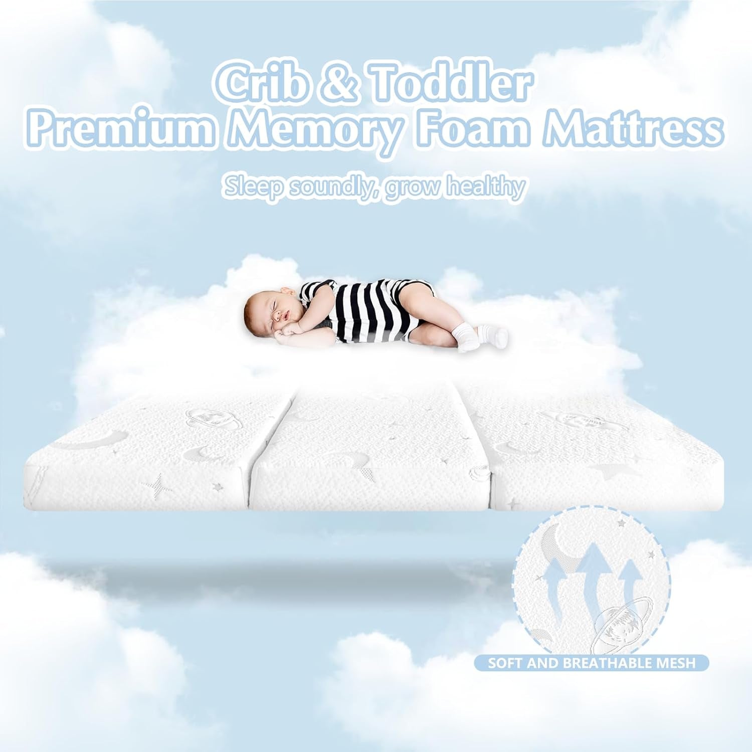 Tri-Fold Pack and Play Mattress, 38X26 Memory Foam & High Density Foam Baby Mattress for Pack N Play, Foldable Travel Pack N Play Mattresses Pad for Baby and Toddlers, Breathable & Washable