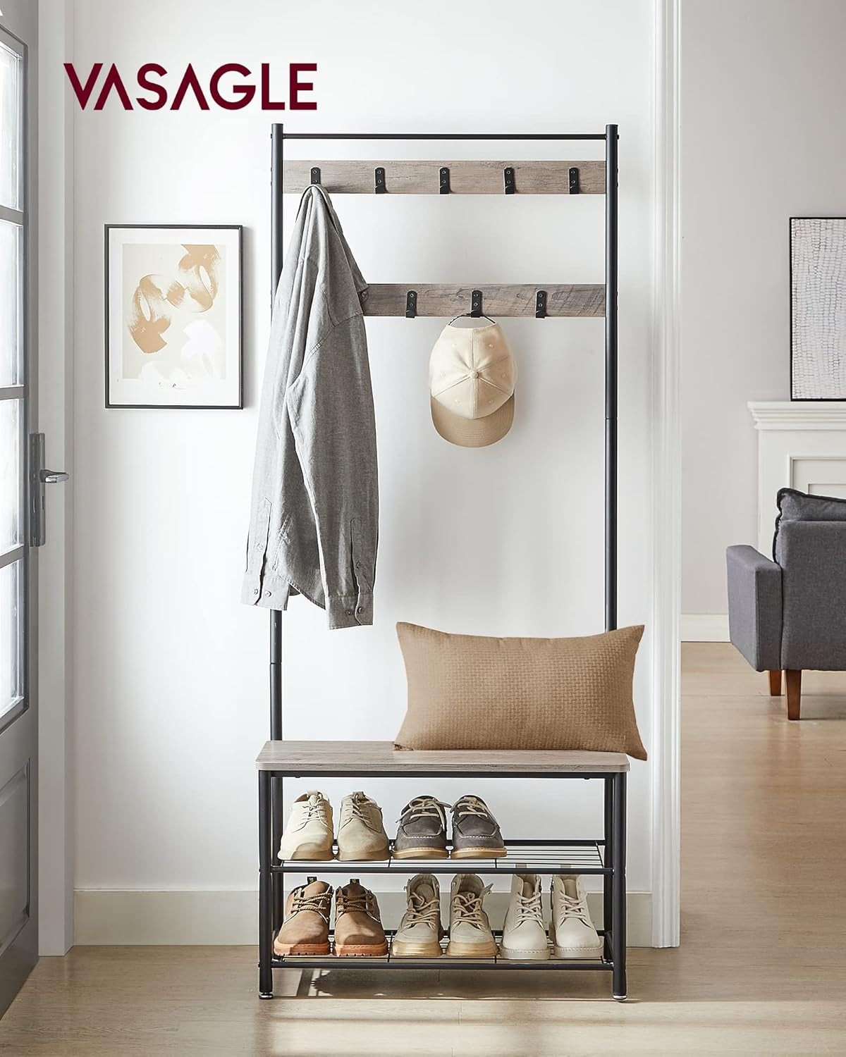 Coat Rack, Hall Tree with Shoe Storage Bench, Entryway Bench with Shoe Storage, 3-In-1, Steel Frame, for Entryway, 12.6 X 27.6 X 68.9 Inches, Industrial, Rustic Walnut and Black UHSR041B41