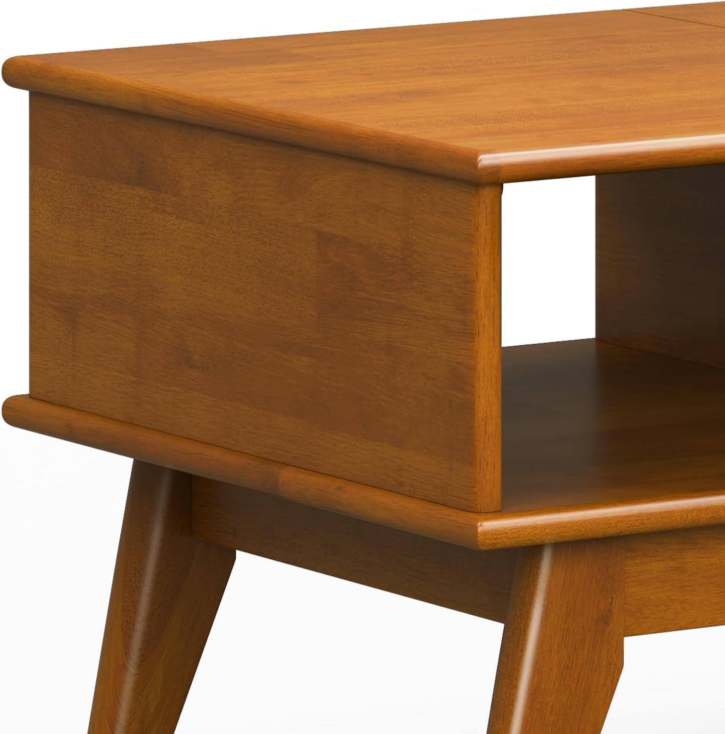Draper Lift Top Coffee Table - 48 Inch Wide Solid Hardwood Mid-Century Modern Cocktail Table in Teak Brown, Functional Living Room Table with Storage Compartment, Open Shelf and Angled Legs
