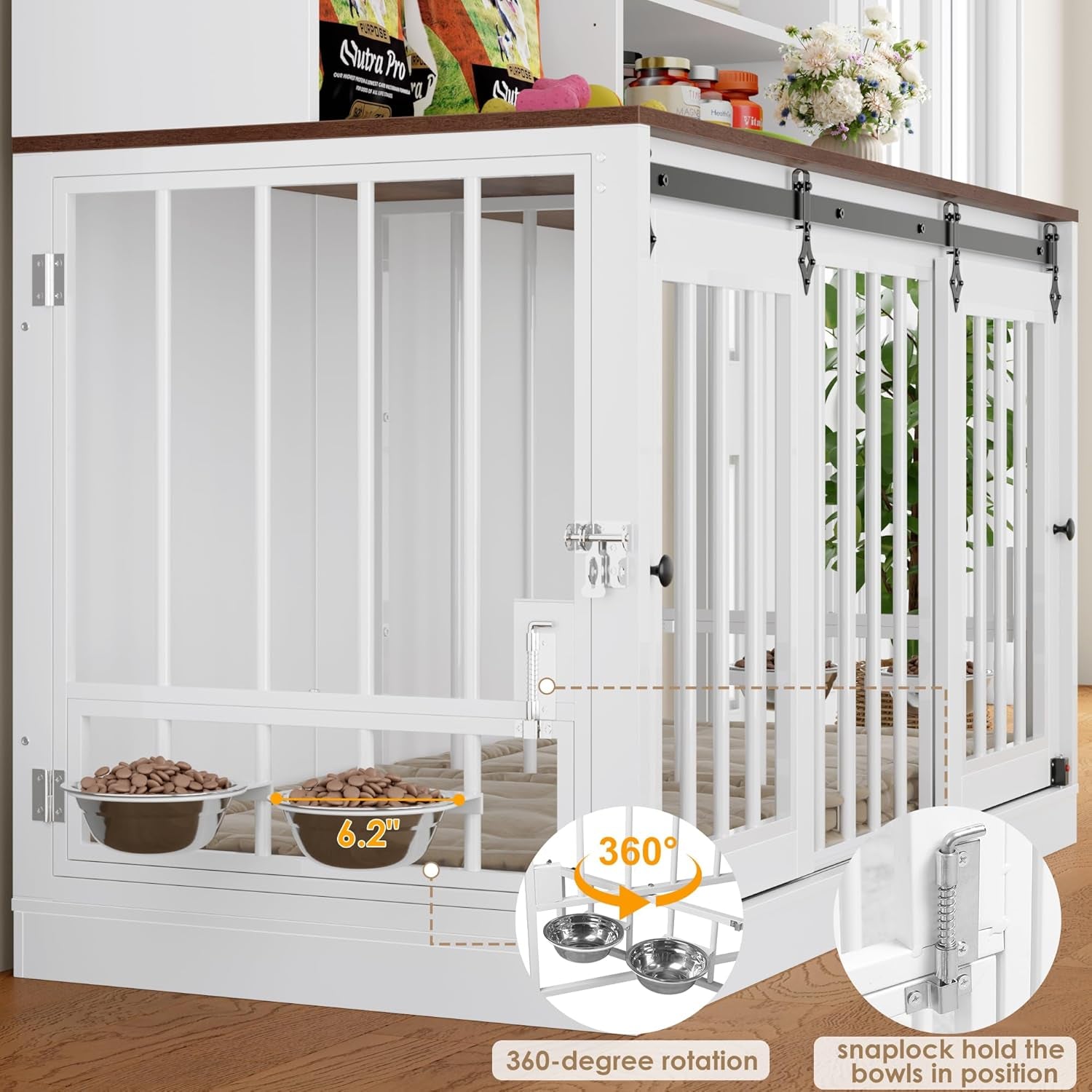 71"H X 55"L Large Dog Crate Furniture with Hutch Shelf and Glass Door, Indoor Dog Kennel with Divider and Feeding Bowls for Large Dogs 2 Pets, Heavy Duty Dog Cage Pet House with 4 Doors, Black