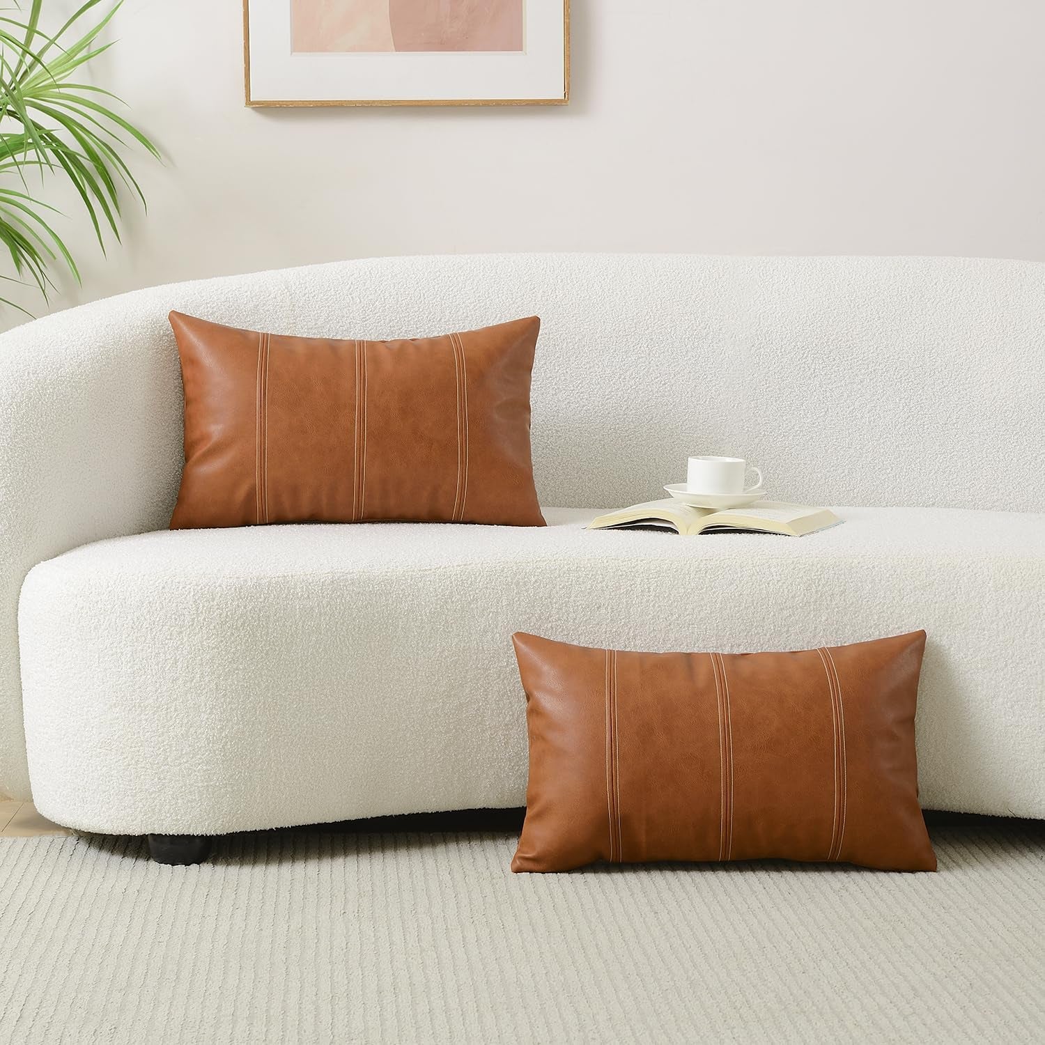 Faux Leather Lumbar Decorative Throw Pillow Cover 12X20 Cognac Brown Modern Farmhouse Boho Small Accent Rustic Home Decor Rectangle Cushion Cases for Couch Bed Sofa Living Room