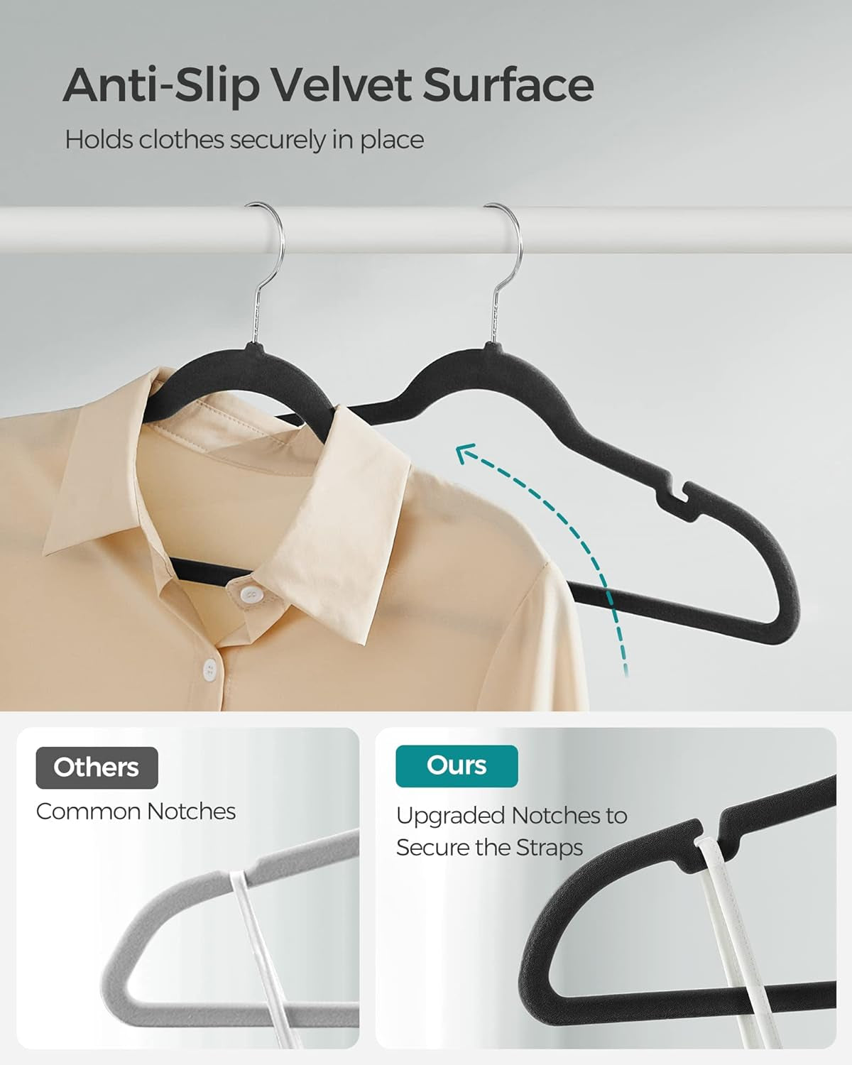 Coat Hangers and Pants Hangers Bundle, Set of 50 Velvet Hangers, Set of 30 Velvet Hangers with Adjustable Clips, Black and Gary UCRF029B05 and UCRF12V30