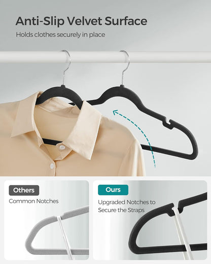 Velvet Hangers 50 Pack, Non-Slip Clothes Hangers, with Shoulder Notches, Pants Bar, 360° Swivel Hook, Space-Saving, for Closet, Ink Black UCRF029B05