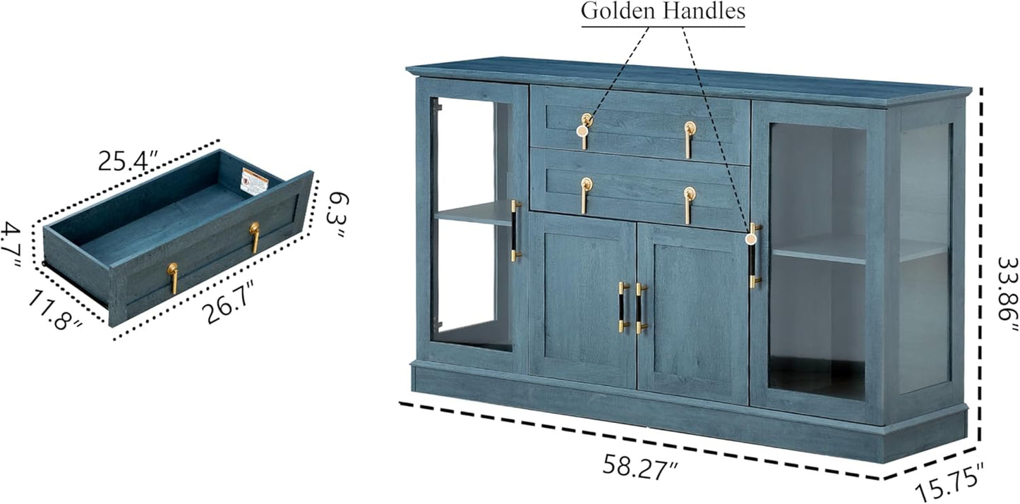 58.2'' Modern Sideboard Buffet Cabinet with Storage, Accent Coffee Bar Cabinet with 2 Glass Doors,Sideboard Credenza with Golden Handles and Adjustable Shelves,Blue