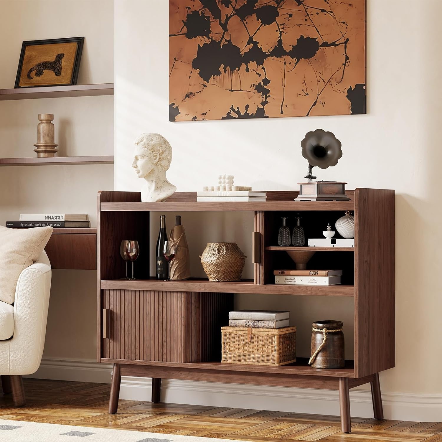 44" Sideboard Buffet Cabinet with Outlet & 2 Open Storage Spaces, Fluted Sideboard Cabinet with Sliding Door & Adjustable Shelves, Mid-Century Accent Coffee Bar Console Table with Wooden Feet