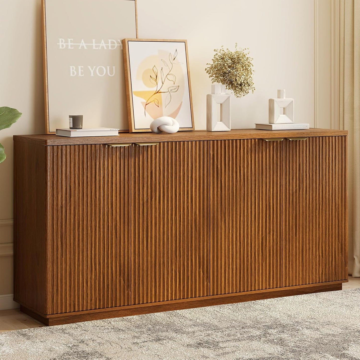 63" Fluted TV Stand for Tvs up to 65", Modern Entertainment Center with Storage Cabinets, Large Wood Sideboard Buffet Cabinet with Storage for Living Room and Bedroom Furniture,Brown