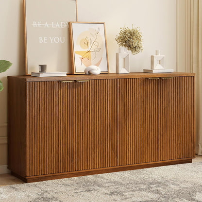 63" Fluted TV Stand for Tvs up to 65", Modern Entertainment Center with Storage Cabinets, Large Wood Sideboard Buffet Cabinet with Storage for Living Room and Bedroom Furniture,Brown