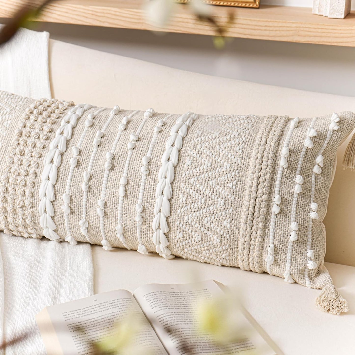 Cream Decorative Lumbar Throw Pillow Cover 14X36 Boho Long Cushion for Bed Neutral Beige White Accent Modern Farmhouse Pillowcase for Bedroom Living Room Couch Sofa Home Décor Cover ONLY