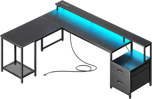 66" L Shaped Gaming Desk with LED Lights & Power Outlets, Computer Desk with Fabric Drawers and Print Stand, Corner Office Desk, Monitor Stand, Mesh CPU Stand, Black