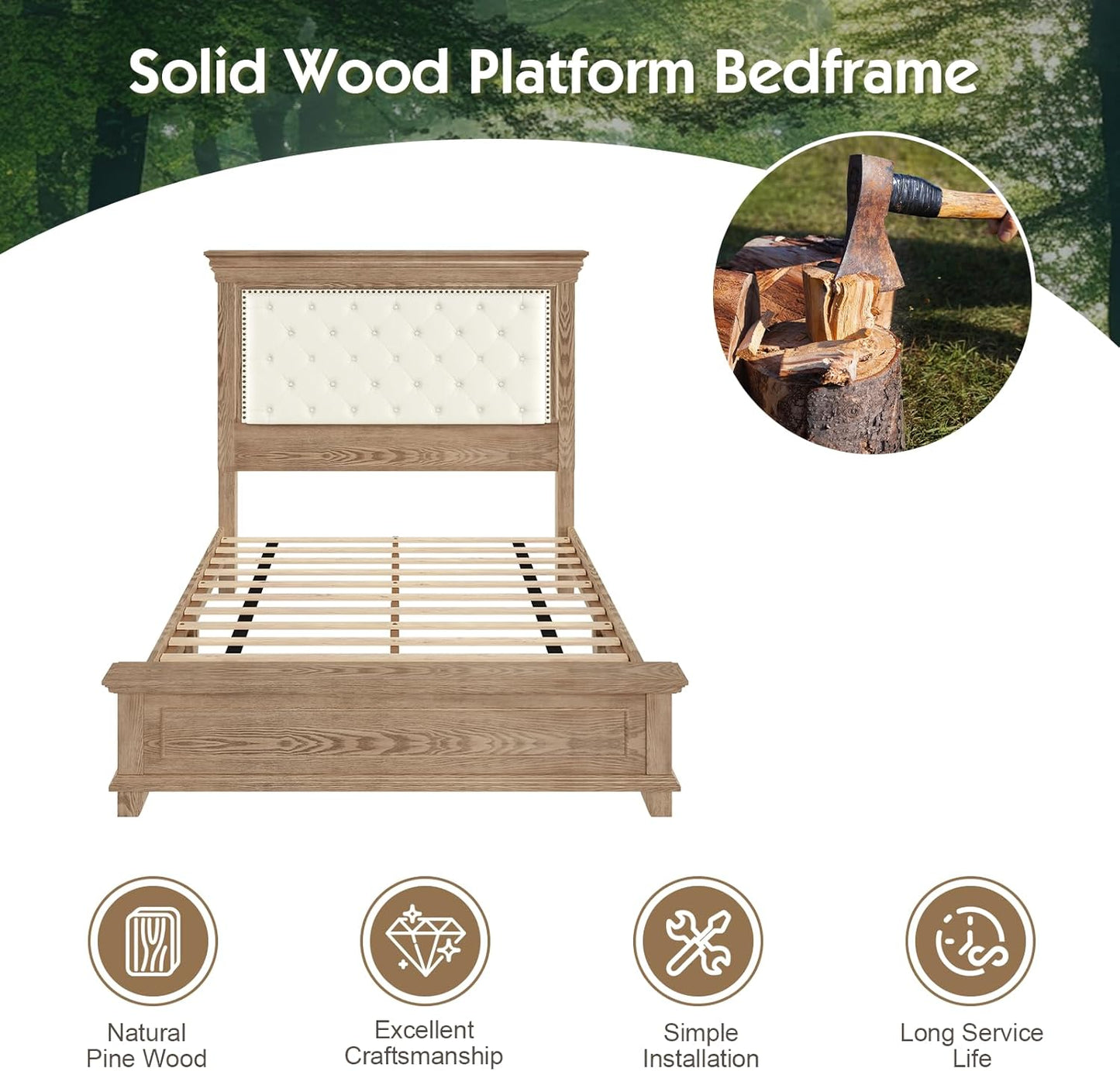 Queen Rustic Solid Wood Bed Frame with 68" Tall Headboard, Farmhouse Chenille Upholstered Panel Platform Bed Mattress Frame, Button Tufted/Antique Brass Nail Trim/No Box Spring Needed, Milk Ash