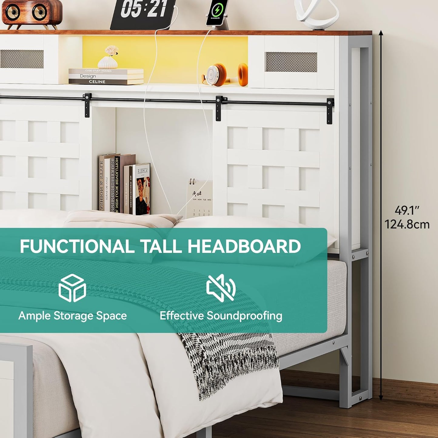 Farmhouse Bed Frame Queen Size, 49.14" Tall Storage Headboard, Led Light & Charging Station, Sliding Barn Door, Wooden Platform Bed Frame, Metal Slats Support, No Box Spring Needed, White