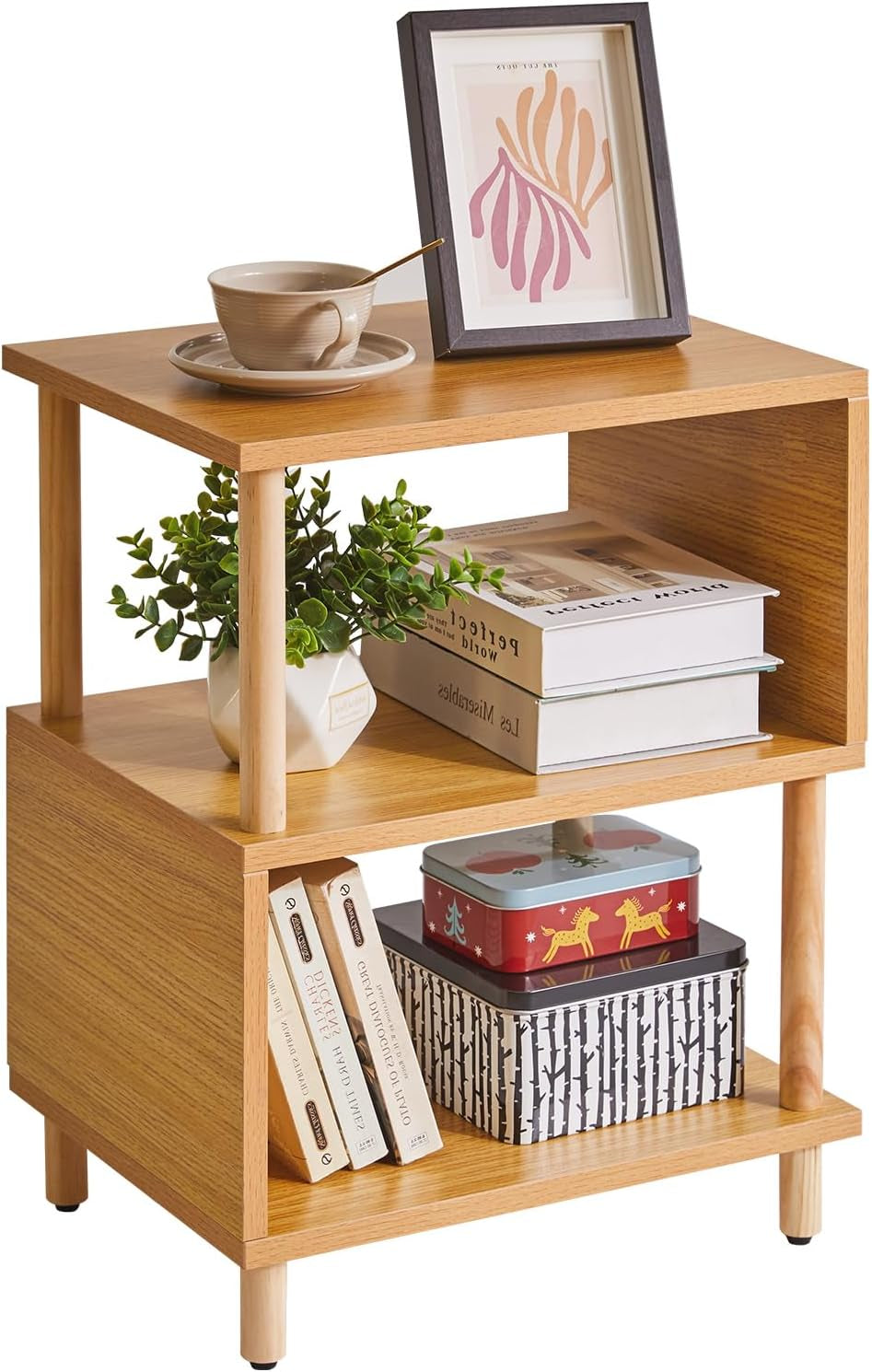 Wooden Night Stand with Open Shelf, Nightstand with Solid Wood Legs, S-Shaped Bed Side Table 3 Tier, End Table Natural Wood YD-TM152N