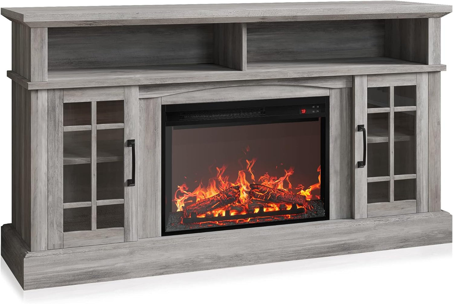 Traditional 58" Rustic TV Stand with 23" Electric Fireplace Heater with Sound, Media Entertainment Center Console Table for TV up to 65" with Open Storage Shelves and Cabinets - Grey Wash