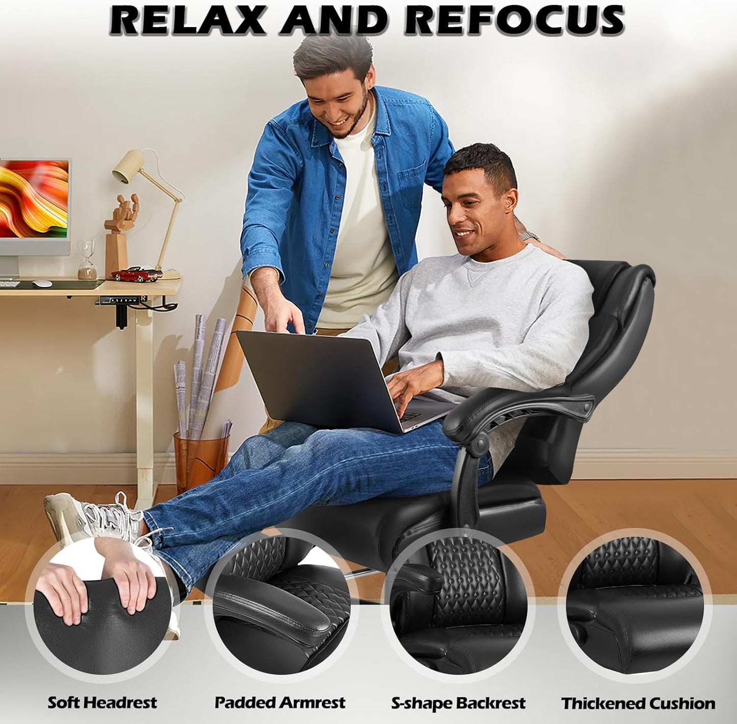 400Lbs Executive Office Chair with Foot Rest, Heavy Duty Big and Tall Desk Chair, Ergonomic High Back PU Leather Computer Chairs (Black)