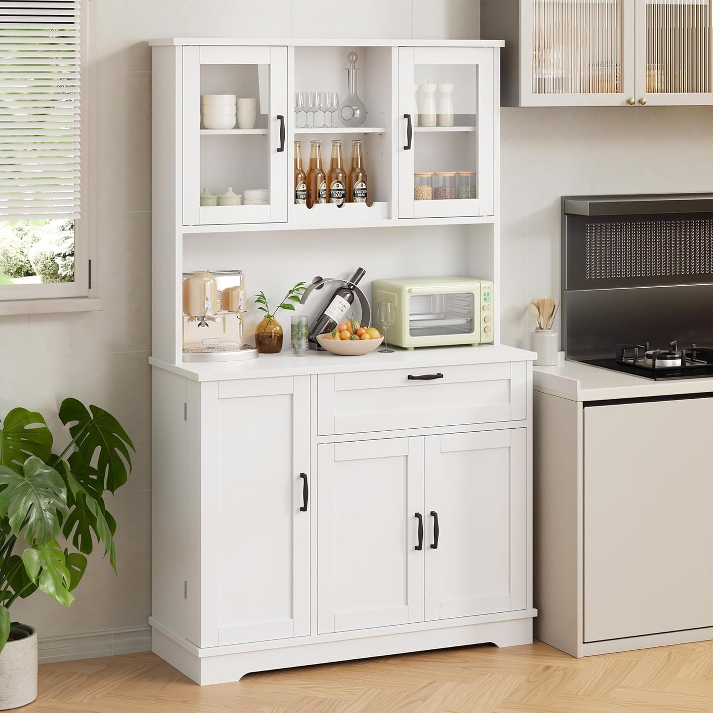 Kitchen Pantry Storage Cabinet, Freestanding Buffet Cabinet with Microwave Stand & 4 Door Shelves, Kitchen Hutch with Doors, Adjustable Shelves and Wine Rack, White