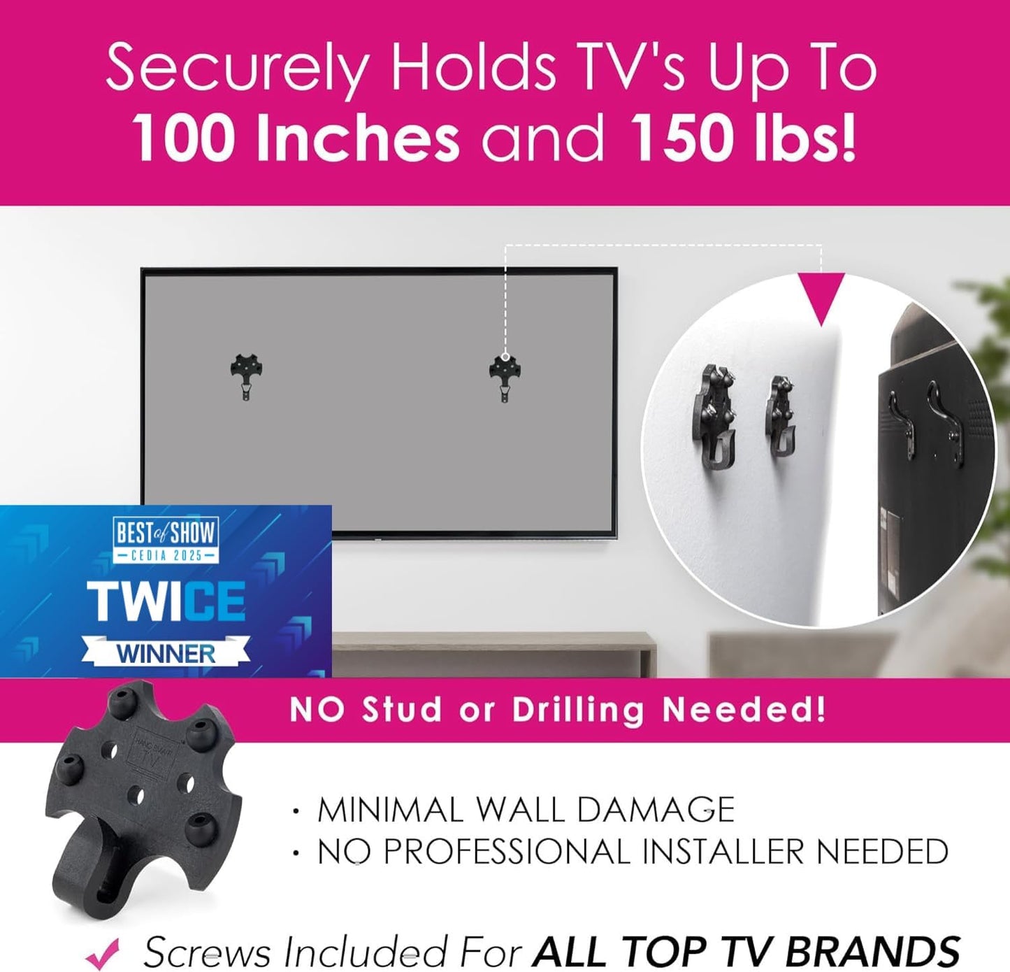 Hangsmart TV® Wall Mount NO Stud - Original & Patented Easy Install, DIY for 19-100" Tvs, Holds up to 150LBS, Fits Most LED LCD Flat Screens & Monitors, Includes Hardware