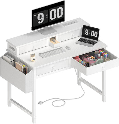 Small White Kids Desk with Fabric Drawers for Bedroom, 32 Inch Vanity Makeup Desk with Drawers Storage for Home Office, Writing Study Table with Power Outlet & Monitor Stand, White