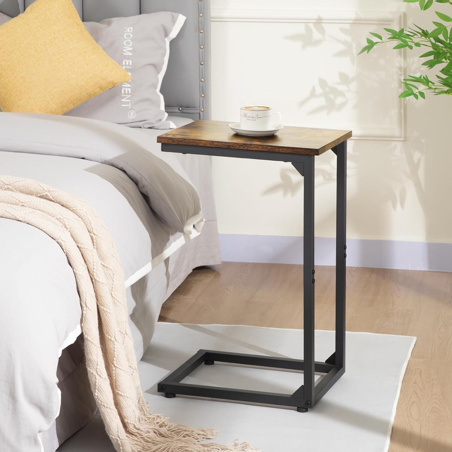 C Shaped Side Table, End Tables Living Room Set of 2, Slide under Couch Table for Sofa, TV Trays for Bedroom, Small Space, Rustic Brown HET02CBR
