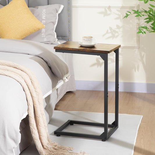 C Shaped Side Table, End Tables Living Room Set of 2, Slide under Couch Table for Sofa, TV Trays for Bedroom, Small Space, Rustic Brown HET02CBR