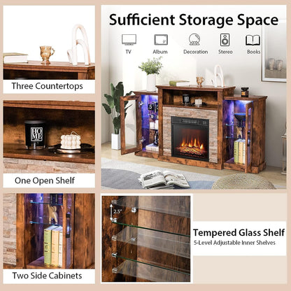 Electric Fireplace TV Stand for Tvs up to 65’’, TV Console with 16-Color LED Light, Adjustable Glass Shelves, 19’’ Fireplace Insert with Remote & APP Control, Entertainment Center (Brown)