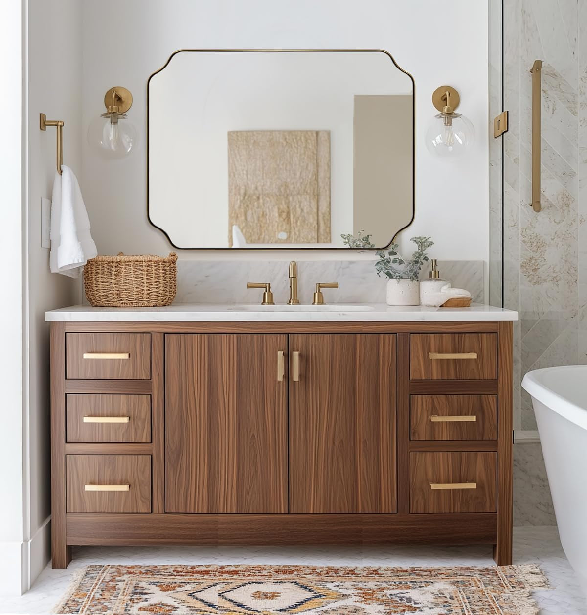 30"X40" Gold Bathroom Mirror, Large Scalloped Wall Mirror, Brushed Brass Mirror in Anti-Rust Stainless Steel Metal, Unique Rectangle Shape Decorative for Bathroom, Living Room, Entryway