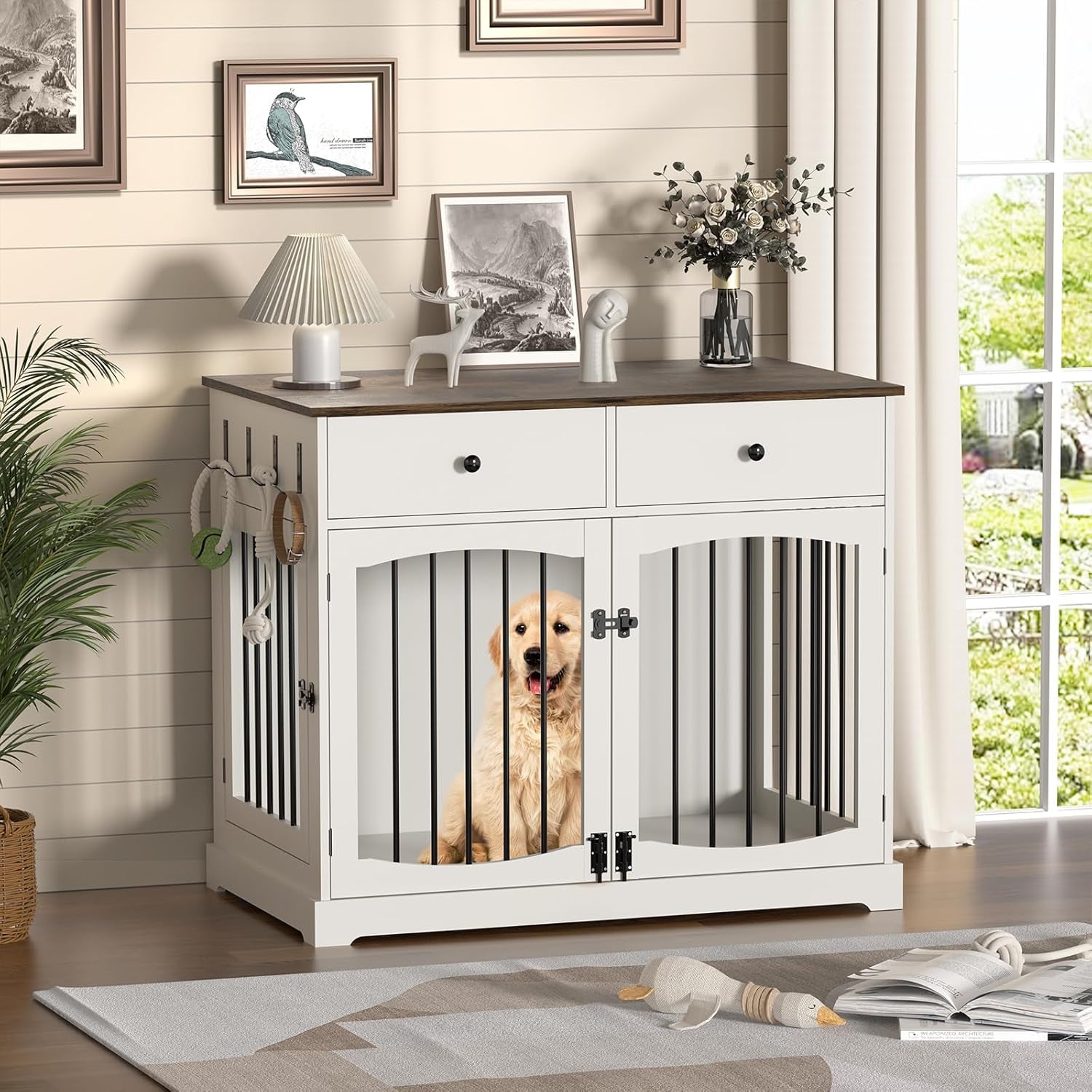 Dog Furniture Crate -40 Inch Dog Kennel with Drawers-End Table Wooden Pet Crate, Double Door Design, Decorative Dog House Indoor for Small Medium Large Dog, White