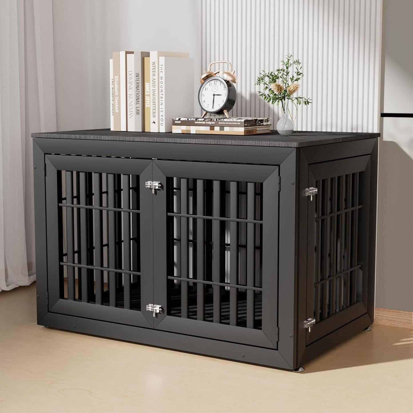 48 Inch Heavy-Duty Dog Crate Furniture, Decorative Wooden End Table Kennel with Waterproof Top & Wide Metal Tubes, for Large & Extra Large Dogs, Black