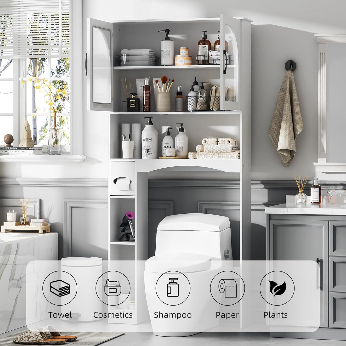 Over the Toilet Storage Cabinet, Bathroom Organizer over Toilet with Glass Doors, Storage Organizer Cabinet with Anti-Tip Device and Adjustable Shelf for Bathroom, White