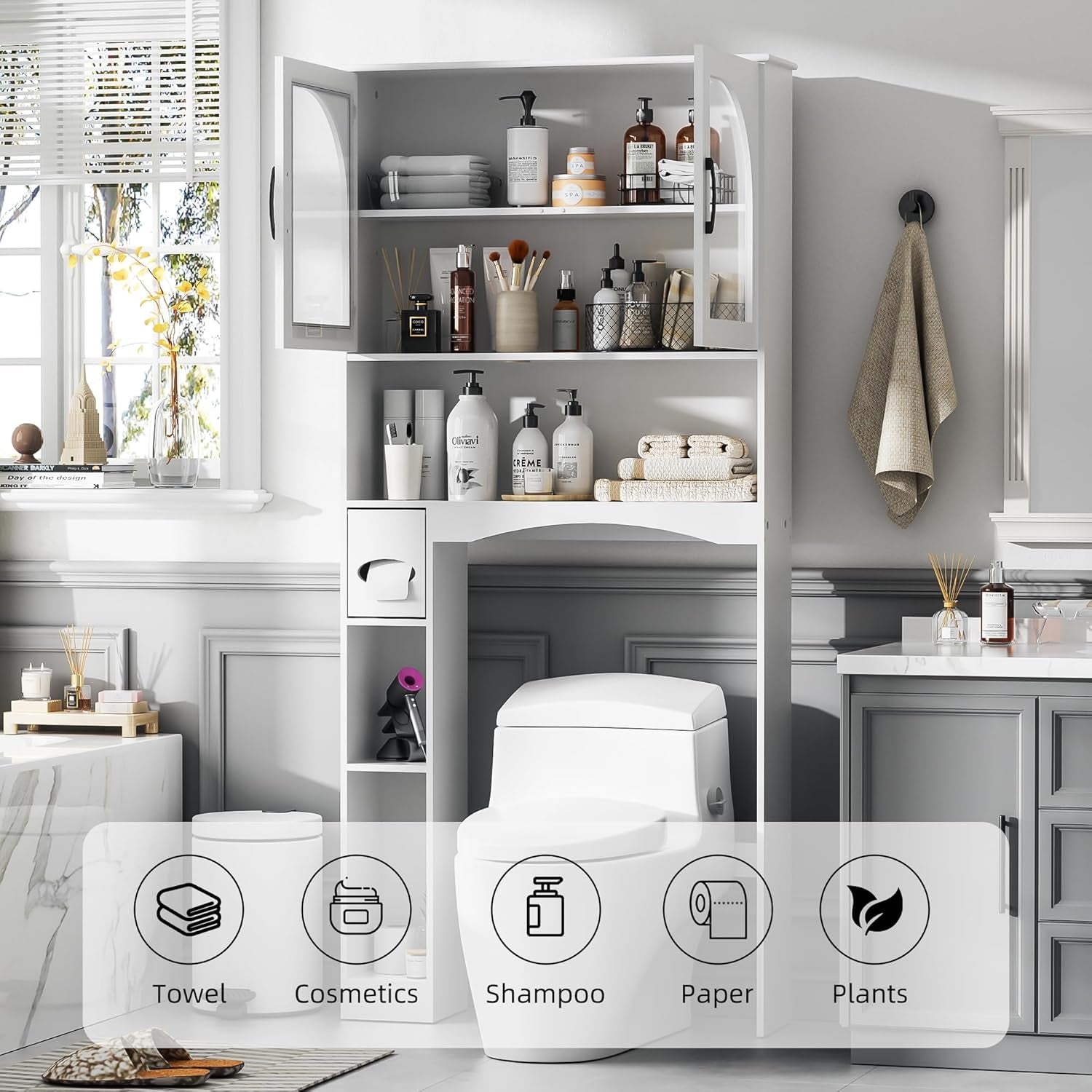 Over the Toilet Storage Cabinet, Bathroom Organizer over Toilet with Glass Doors, Storage Organizer Cabinet with Anti-Tip Device and Adjustable Shelf for Bathroom, White