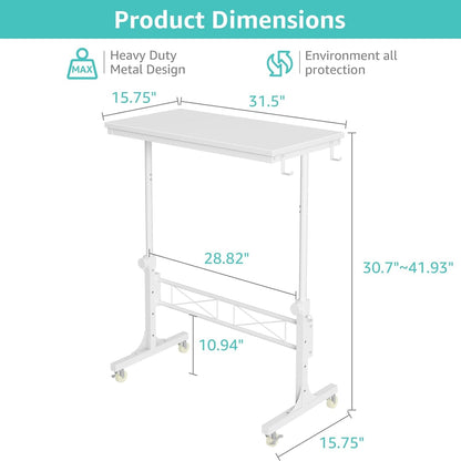 Small Portable Treadmill Walking Pad Desk on Wheels, 32 Inch White Adjustable Height Mobile Rolling Standing Teacher Desks, Couch Sofa Side Laptop Stand up Table for Bedroom, White