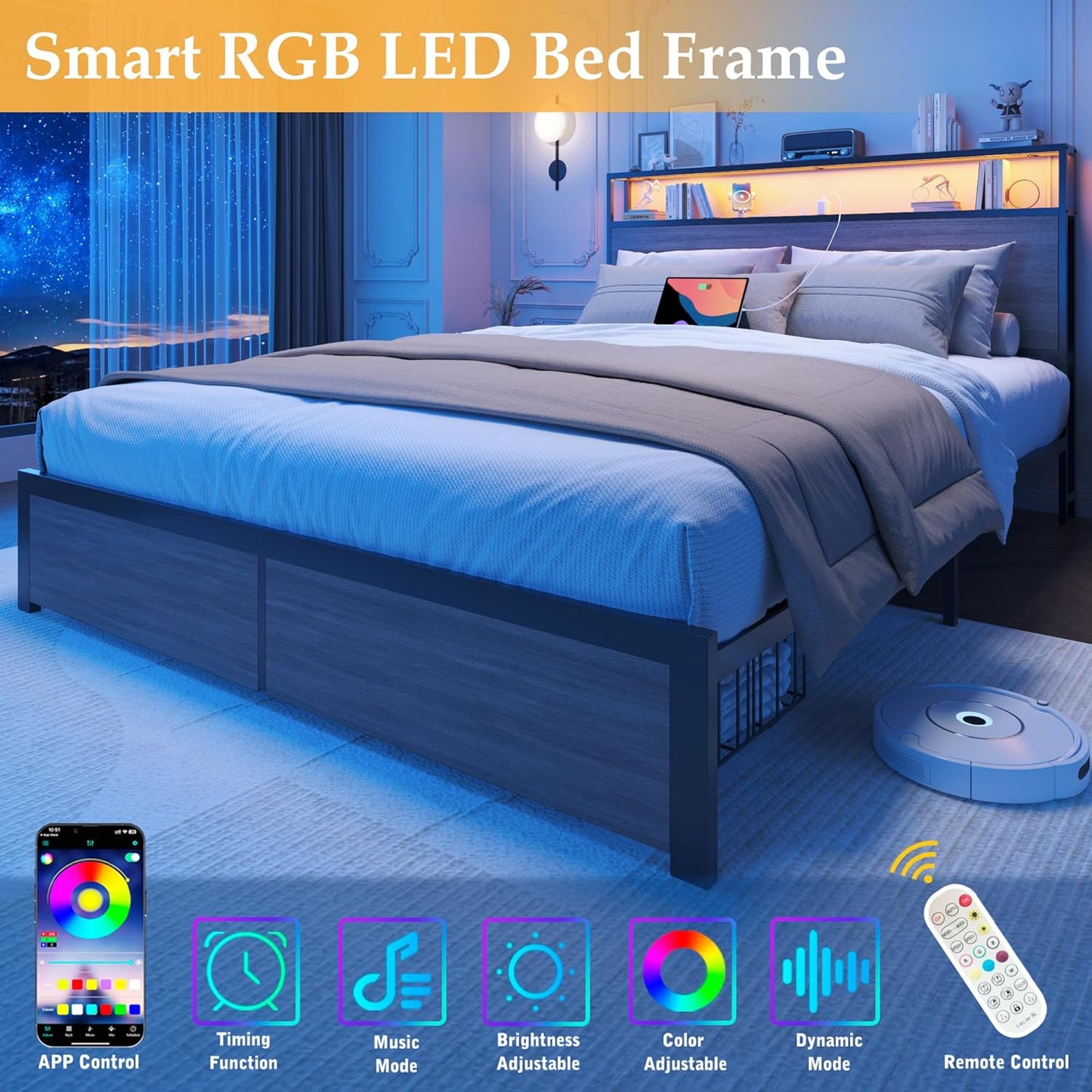 Queen Bed Frame with 2-Tier Storage Headboard, Bedroom Metal Bed Frame with 2 Storage Drawers & Fast-Charging Station & LED, Noise-Free, No Box Spring Needed, Easy Assembly, Rustic Grey