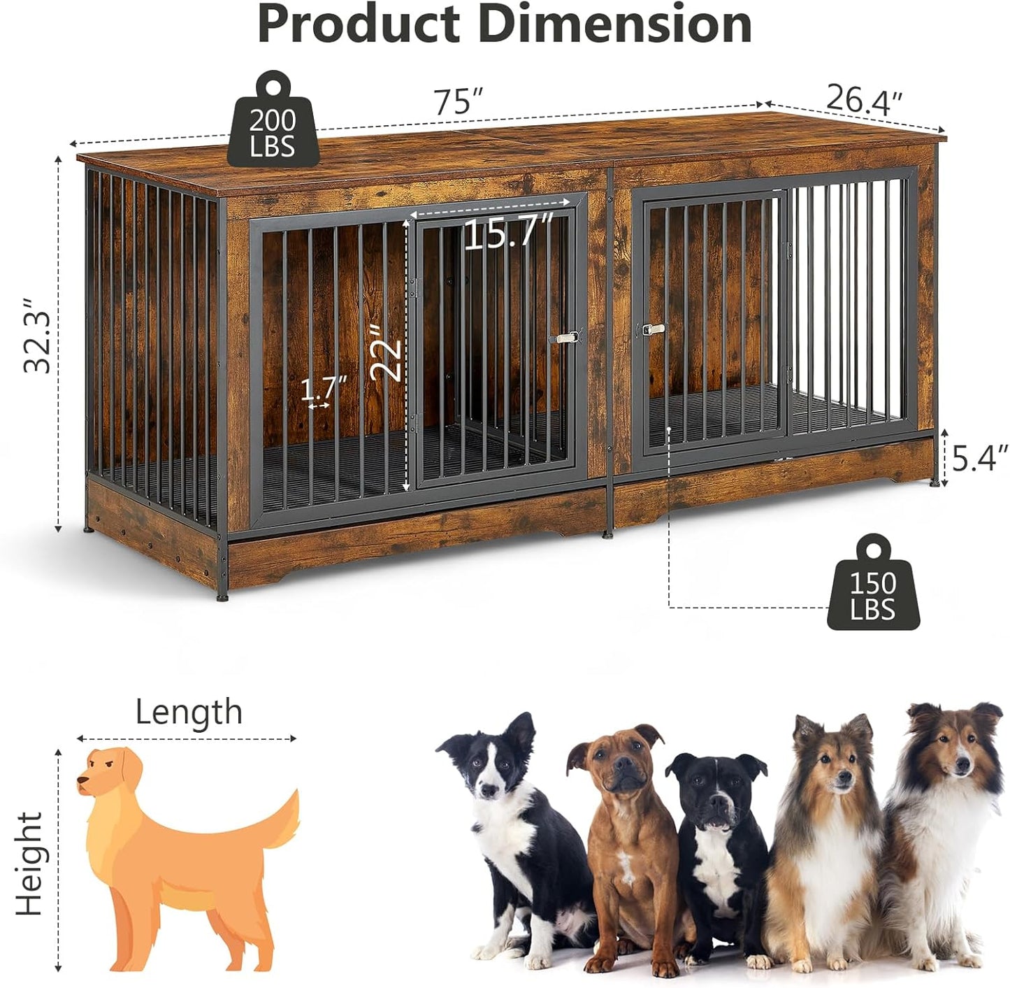 75" Dog Crate Furniture for 2 Dogs, Wooden Extra Large Double Dog Cage Furniture, Decorative Dog Kennels with Double Doors, Indoor Dog Crate TV Stand for Large Dogs, Brown