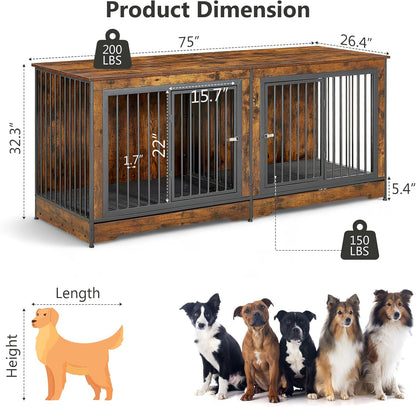 75" Dog Crate Furniture for 2 Dogs, Wooden Extra Large Double Dog Cage Furniture, Decorative Dog Kennels with Double Doors, Indoor Dog Crate TV Stand for Large Dogs, Brown