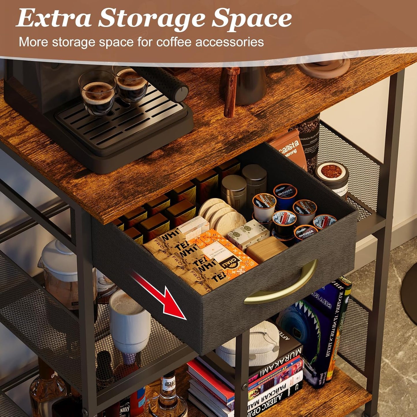 Coffee Bar Stand Station with Storage Drawer, Extended Worktop Coffee Table, Farmhouse Corner Bar Cabinet for Small Spaces, Barkers Rack & Home Bar for Entryway, Living Room