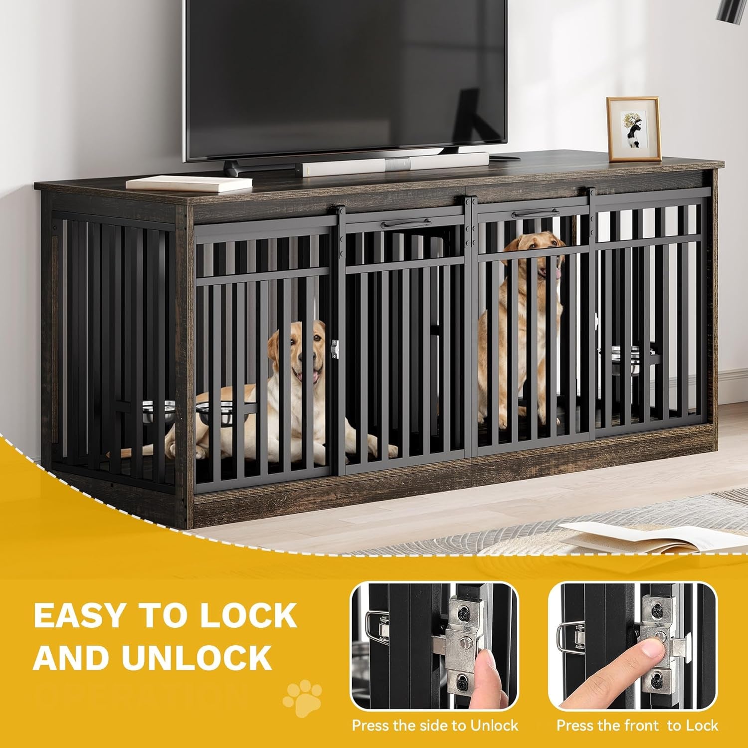 71" Double Dog Crate Furniture with LED Light & Power Outlets, Heavy Duty Dual Dog Kennel TV Stand W Storage Shelves Sliding Doors, Wooden Two Dog Cage Table 2 Medium Large Dogs, Rustic Brown