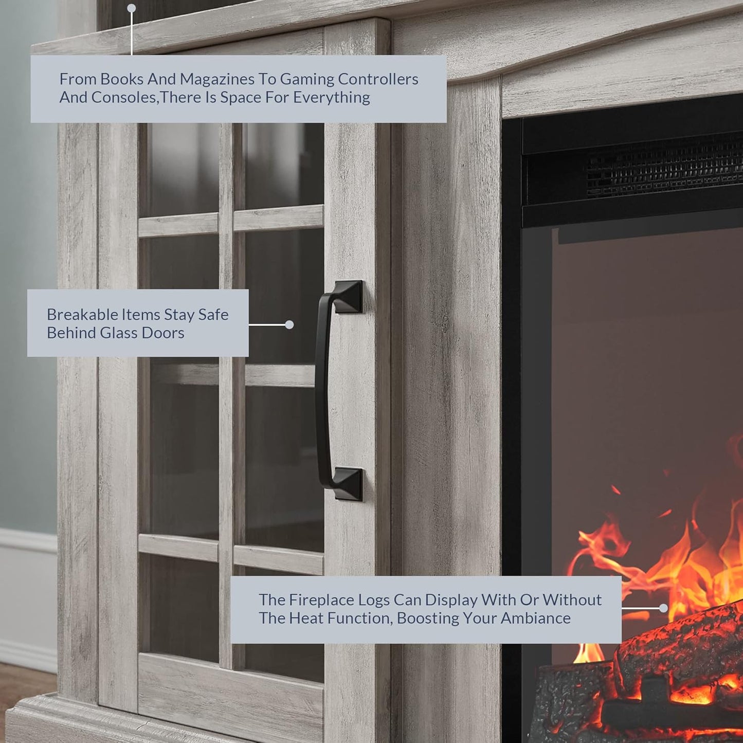 Traditional 58" Rustic TV Stand with 23" Electric Fireplace Heater with Sound, Media Entertainment Center Console Table for TV up to 65" with Open Storage Shelves and Cabinets - Grey Wash