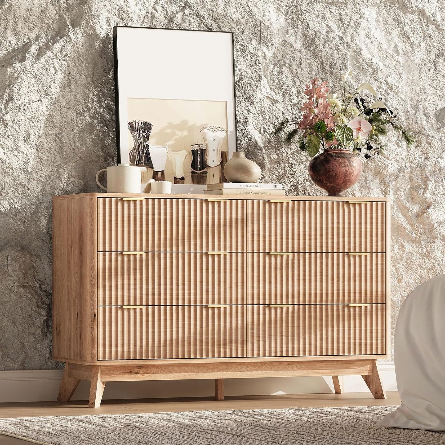 47'' Wide 6 Drawers Dresser for Bedroom,Modern Fluted Vertical Chest with Rounded Corners,Fluted Dresser for Living Room,Hallway, Natural Wood