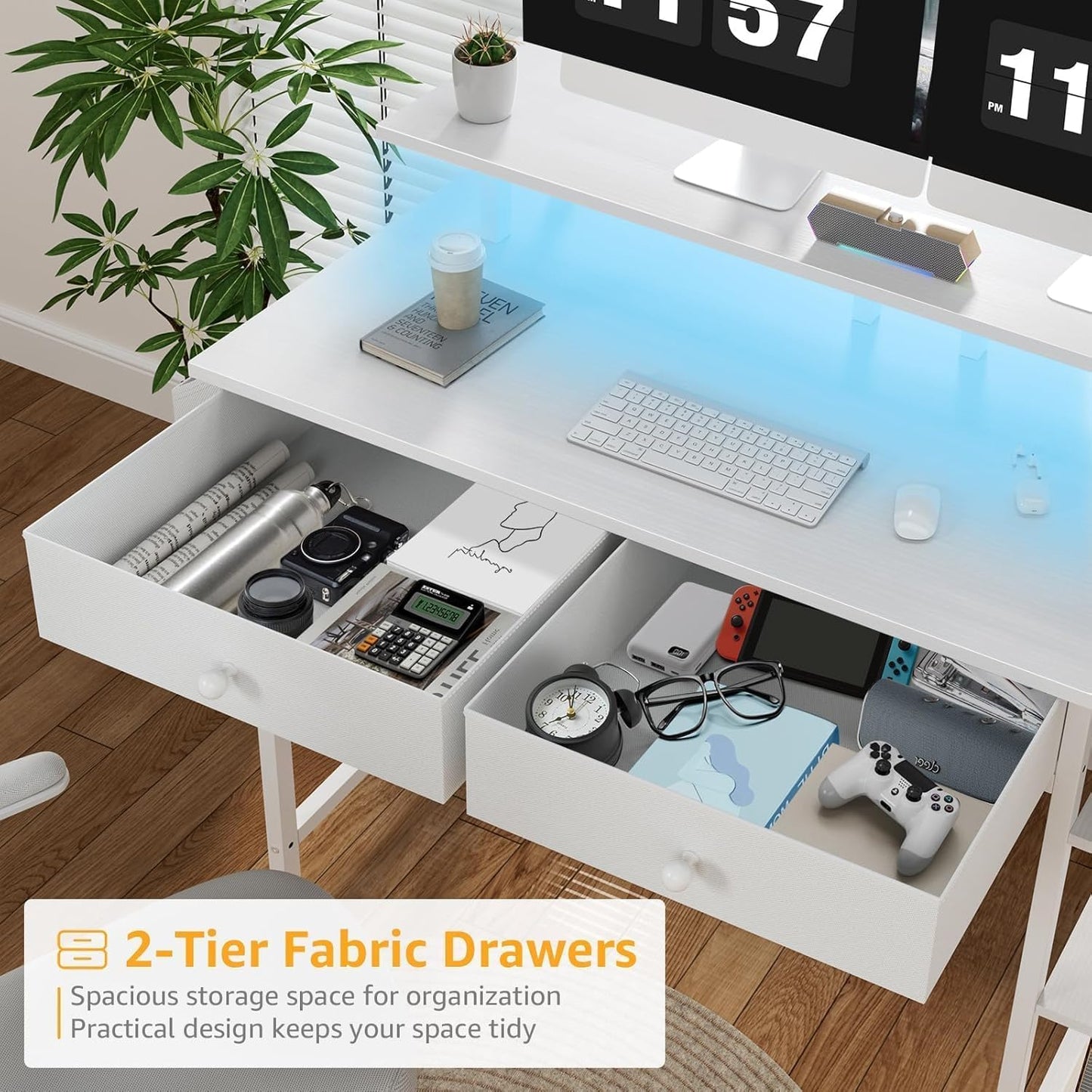 White Computer Desk with Shelves and Drawers - 47 Inch Home Office Desk with Drawers and Shelves, Small White Desk with Shelves, Computer Desk with Monitor Stand, RGB Gaming Desk with Power Outlet