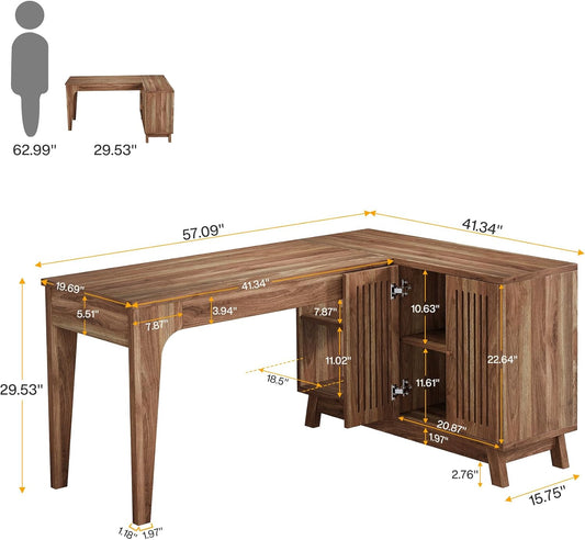 L-Shaped Desk with Storage Cabinet, 57-Inch Wood Corner Workstation, Home Office Computer Desk, Study Writing Table for Bedroom, Walnut