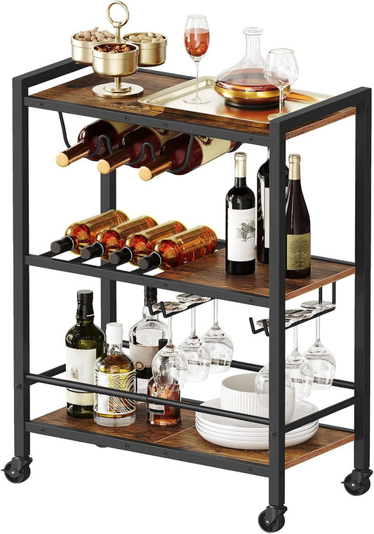 Bar Cart, 3-Tier Coffee Cart with Wheels, Kitchen Cart, Wine Cart with Wine Rack and Glass Holder, Rolling Serving Cart for Home, Living Room, Party, Bar, Rustic Brown and Black BF35TC01G1