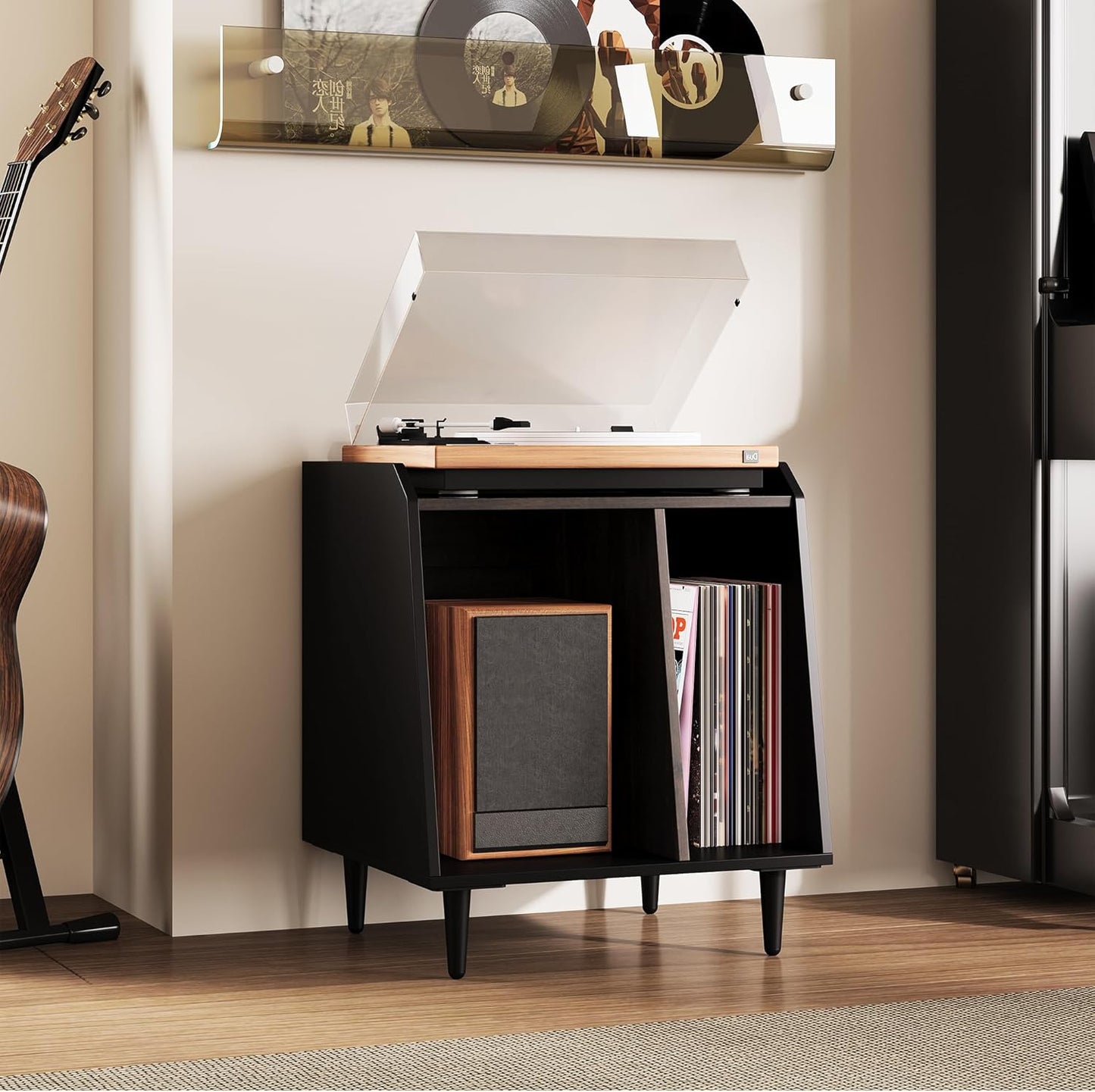 Nighstand Set of 3,Small End Side Table with Adjustable Divided Shelves for Vinyl Storage， Suitable for Music Room Living Room Bedroom