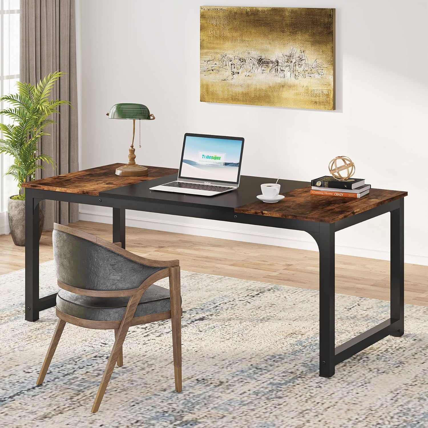 Modern Computer Desk, 63 X 31.5 Inch Large Office Desk Computer Table Study Writing Desk Workstation for Home Office, Vintage Black Metal Frame