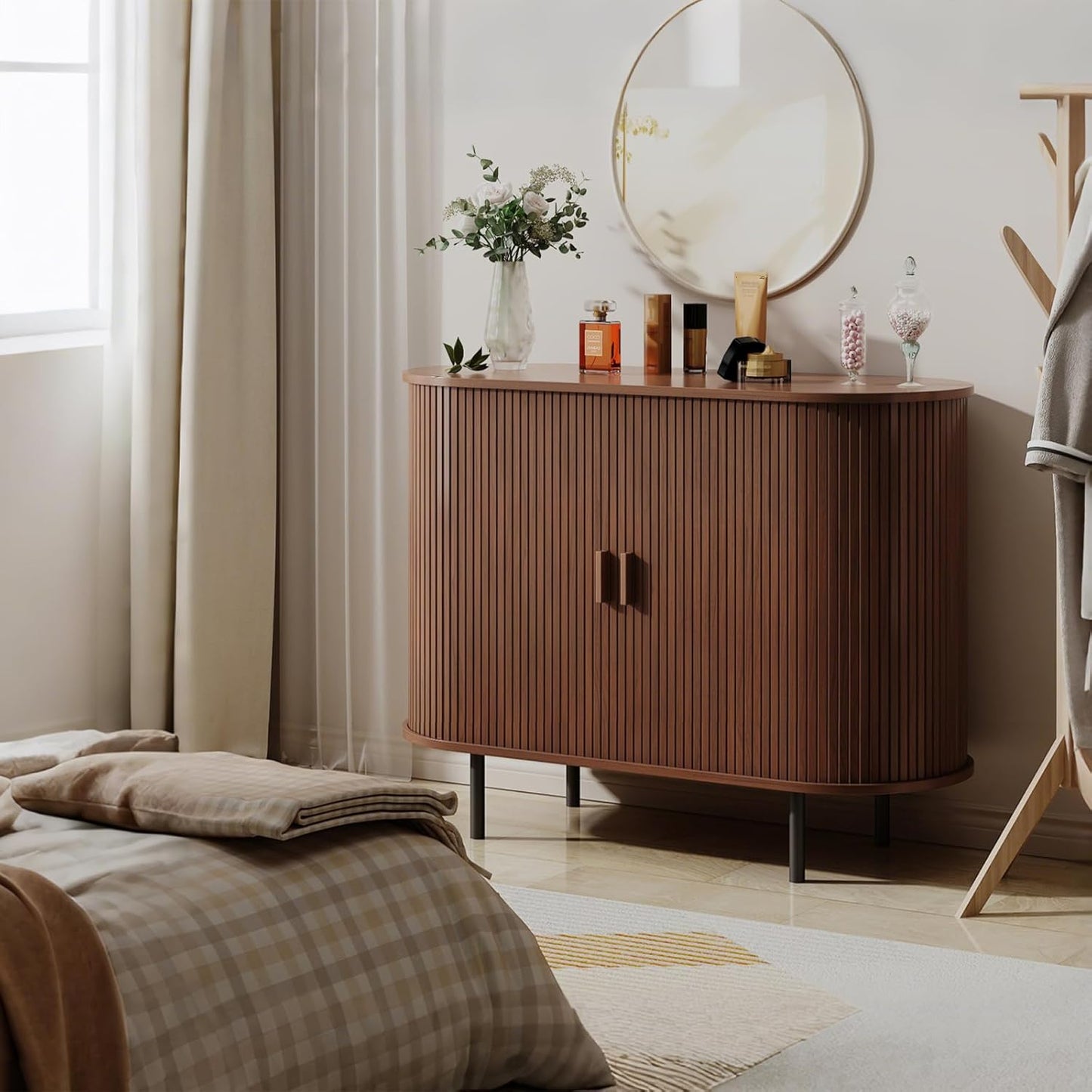 Buffet Sideboard Cabinet with Storage, 40" Fluted Cabinet with Sliding Door & Adjustable Shelf, Modern Accent Coffee Bar Console Table for Kitchen, Entryway, Walnut