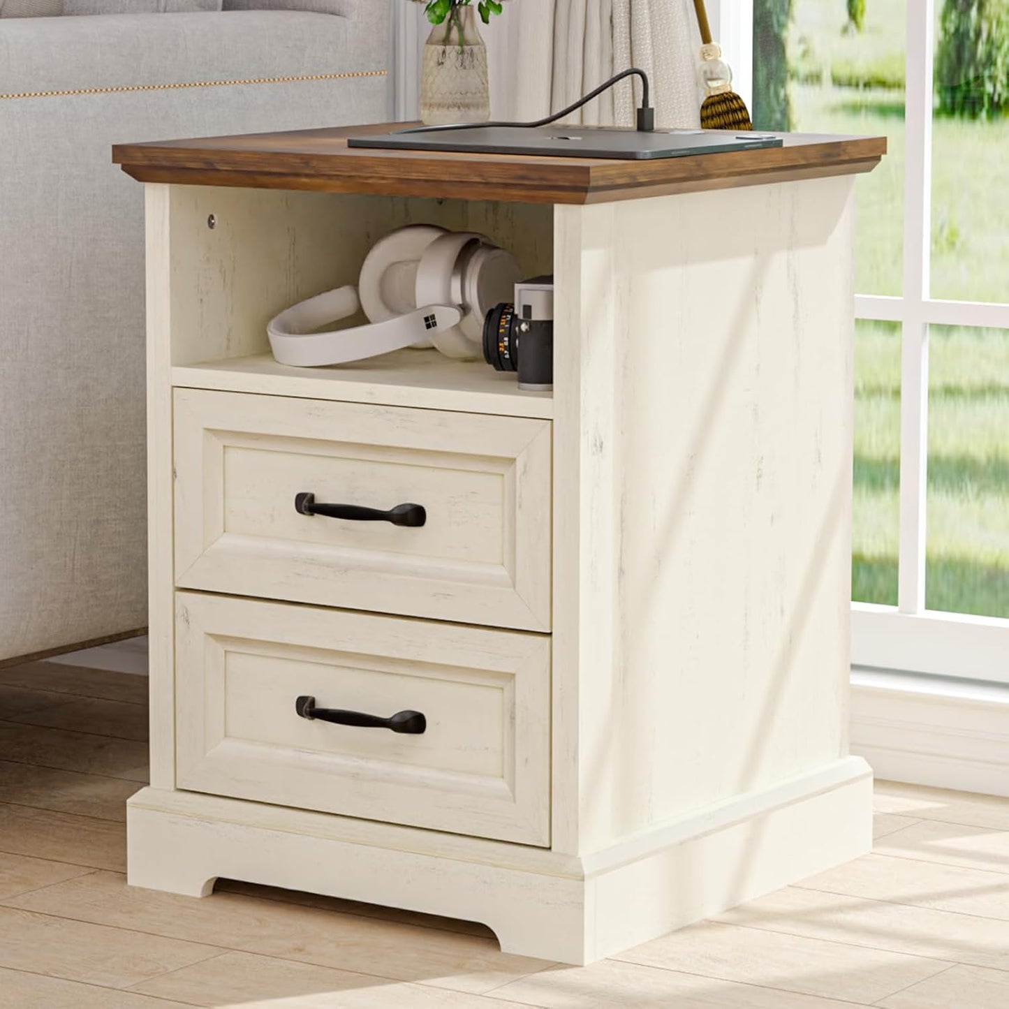 18'' Farmhouse Nightstand with Charging Station, Bedside Tables with Storage, Bed Side End Table with Open Shelf, 2 Drawers Wood Night Stand Dresser for Bedroom, Living Room, Rustic White