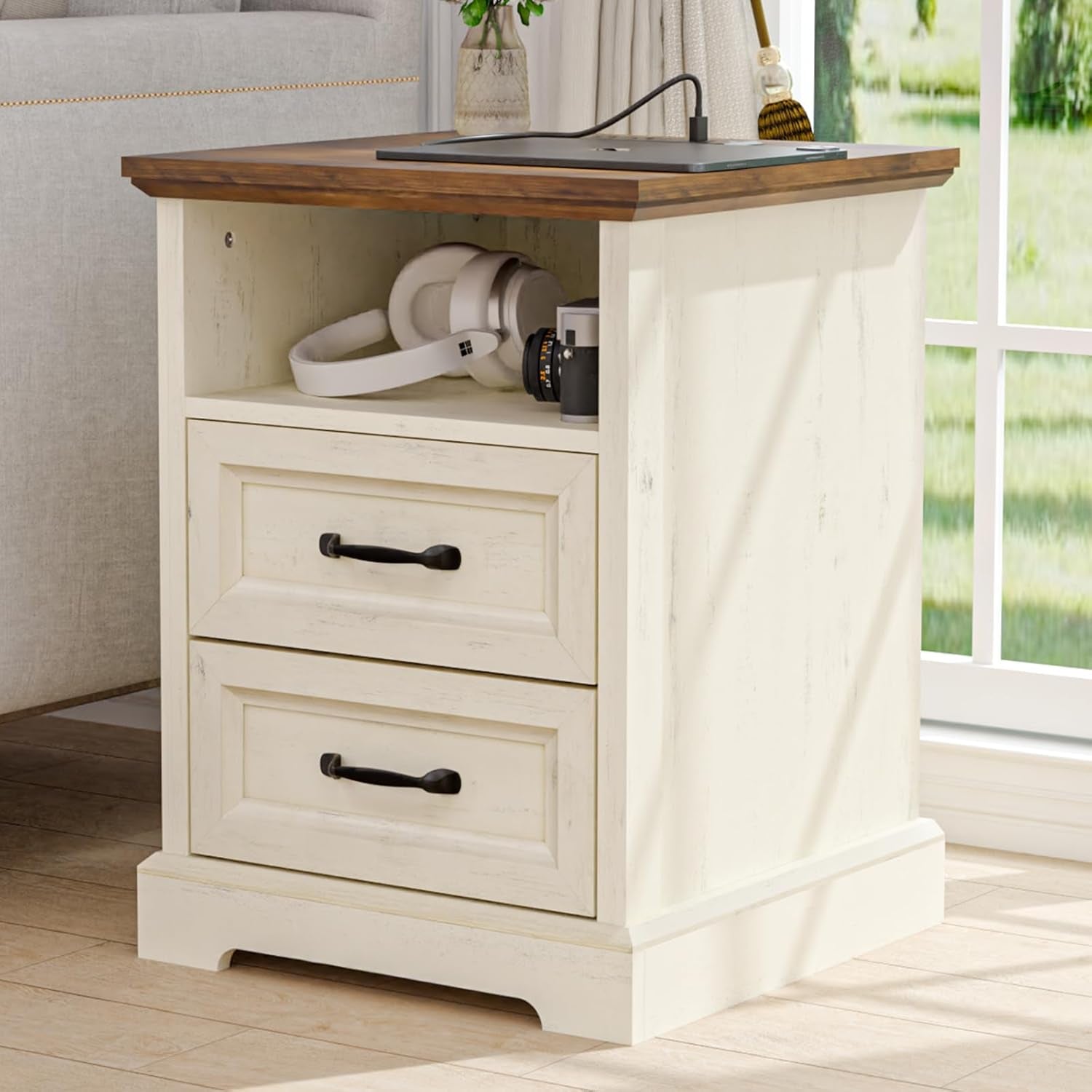 18'' Farmhouse Nightstand with Charging Station, Bedside Tables with Storage, Bed Side End Table with Open Shelf, 2 Drawers Wood Night Stand Dresser for Bedroom, Living Room, Rustic White