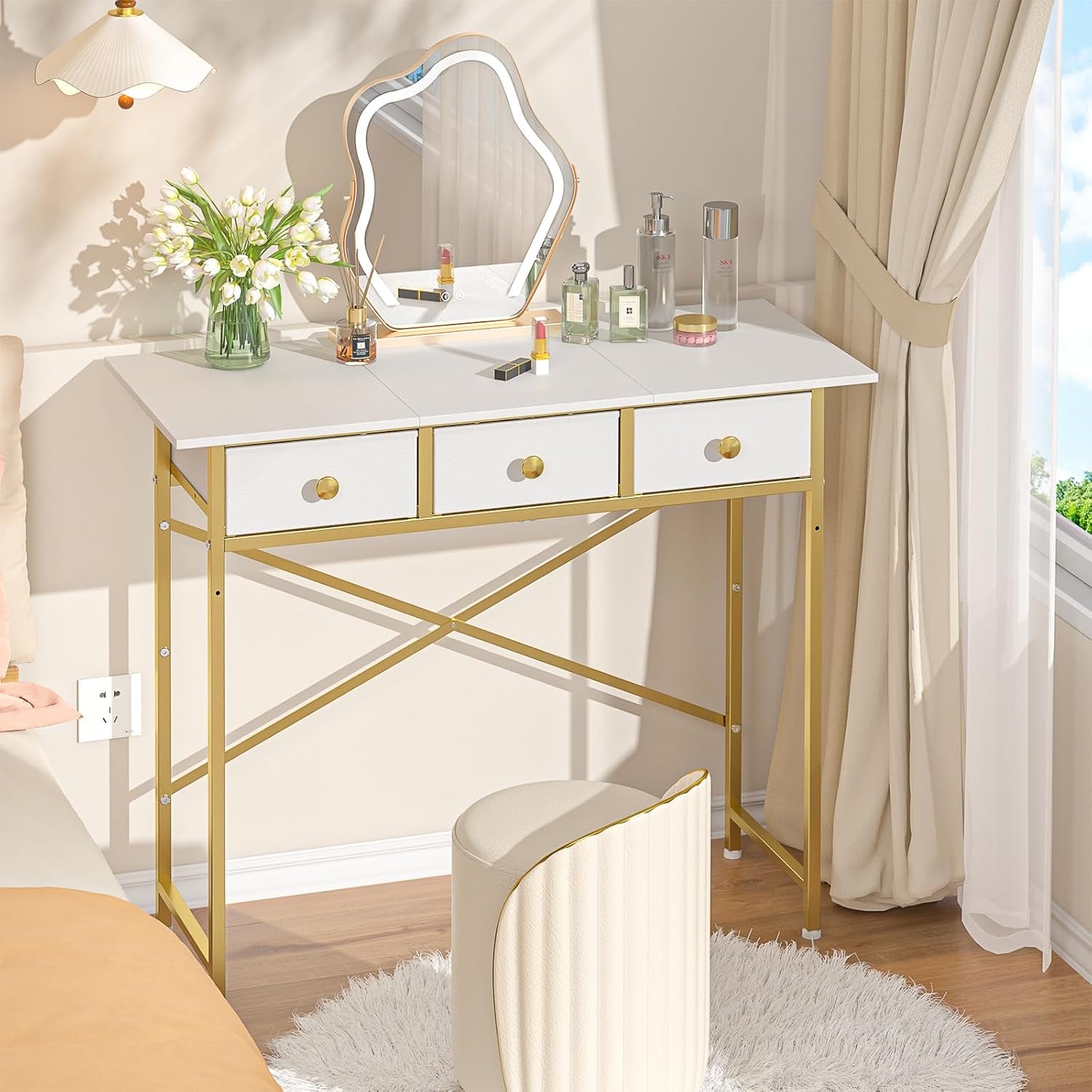 Small Makeup Vanity Desk No Mirror, 37.2 Inch Vanity Desk with 3 Drawers, Girls Vanity Dressing Table for Bedroom, Small Vanity for Small Spaces, White and Gold
