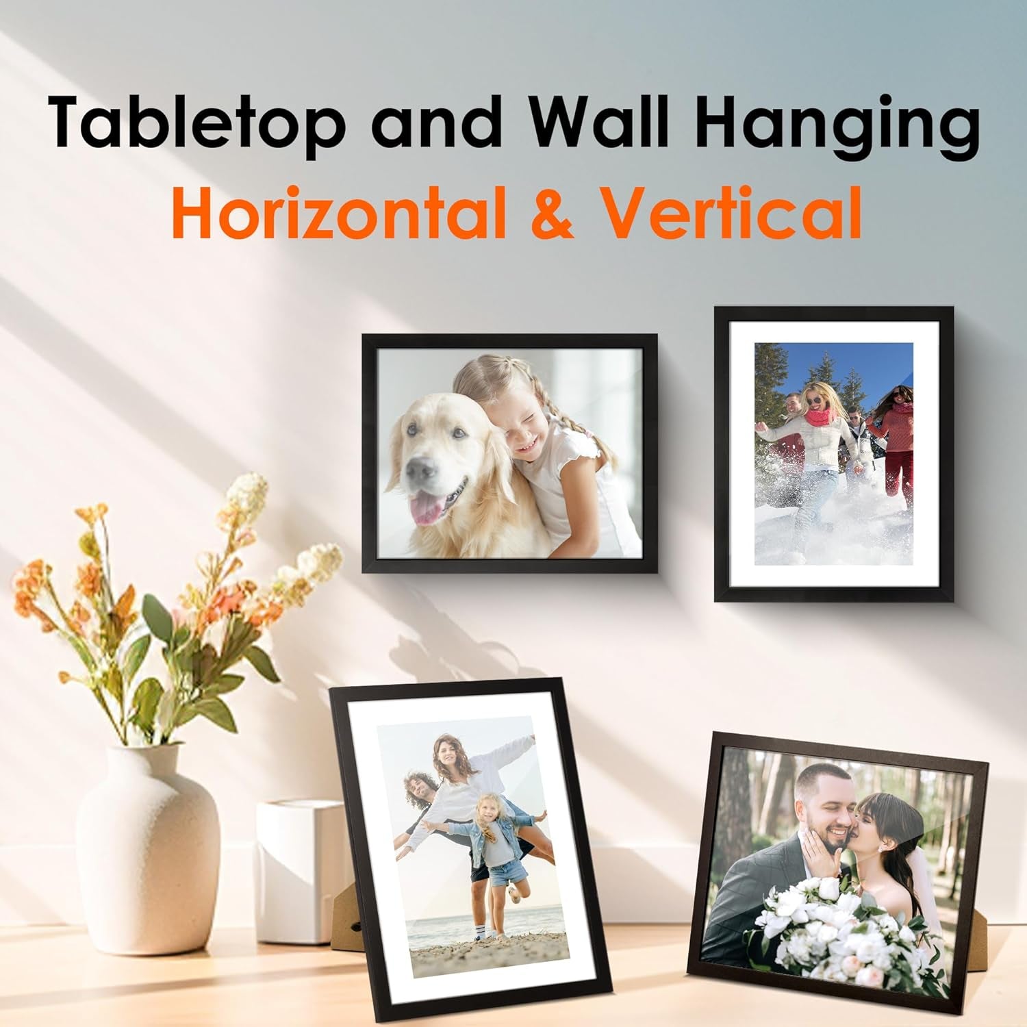 8X10 Picture Frame Set of 2, Photo Frame with HD Plexiglass, Display Pictures 5X7 with Mat or 8X10 without Mat Multi Picture Frames Collage for Tabletop or Wall Display, Black