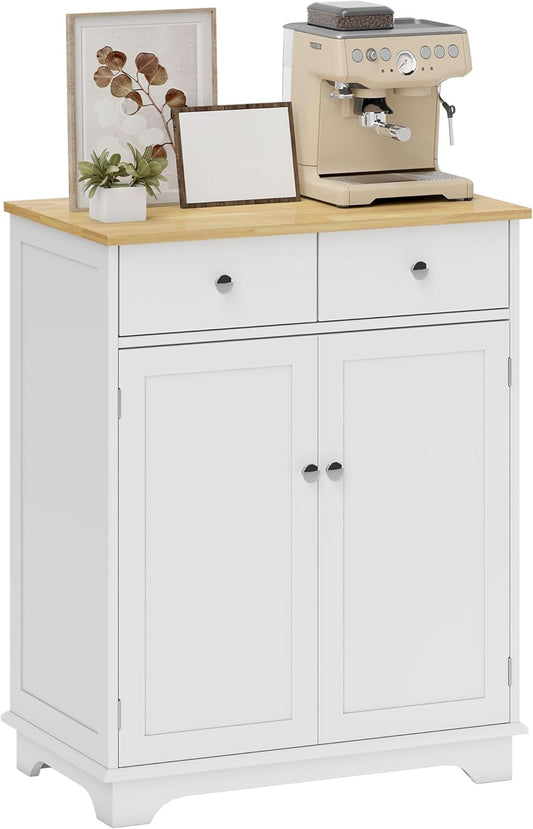 Sideboard with Solid Wood Countertop, Modern Kitchen Storage Cabinet, Coffee Bar Cabinet with 2 Drawers, Doors and Adjustable Shelf, White